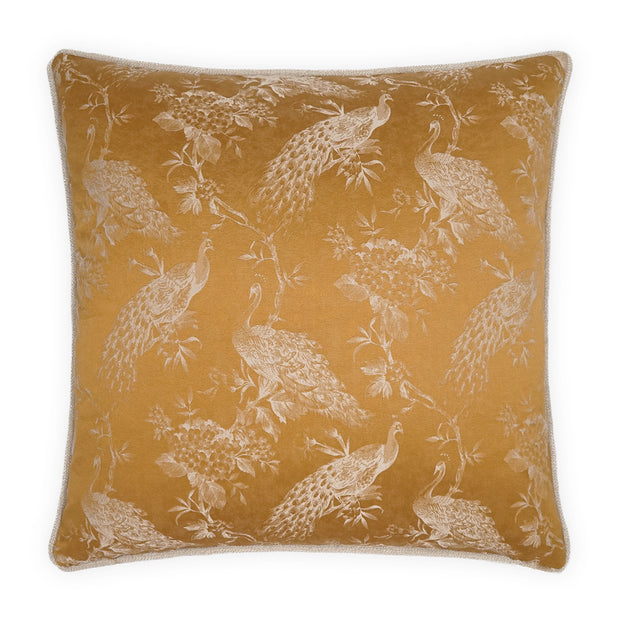 Decorative pillow with peacock pattern on a mustard yellow background