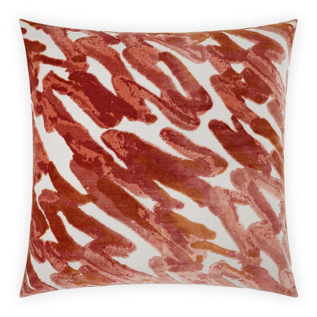 A 22 by 22 inch decorative pillow with a solid pattern in a spoken style, primarily in red and orange tones.
