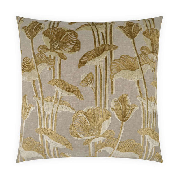 A square-shaped throw pillow with a floral pattern in saffron yellow colors on a beige background.