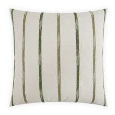 A square-shaped throw pillow with a solid white color base with a striped pattern in green and gold tones.