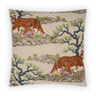 A square decorative pillow with a beige background featuring embroidery of a chonburi scene with trees and a tiger.