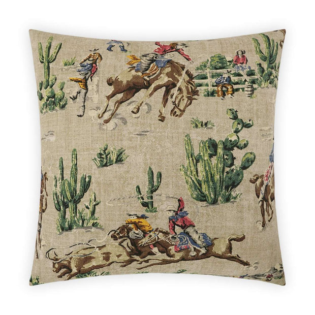 A decorative pillow with a pattern featuring cowboys and ranch scenes on a beige background.