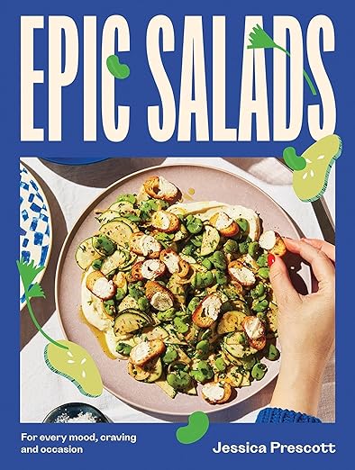 Book cover of 'Epic Salads' with a plate of salad and a hand holding a leaf, on a blue background.