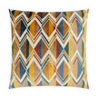 A square throw pillow featuring a colorful geometric chevron and diamond pattern in mustard yellow, orange, teal, blue, and cream on a white background.