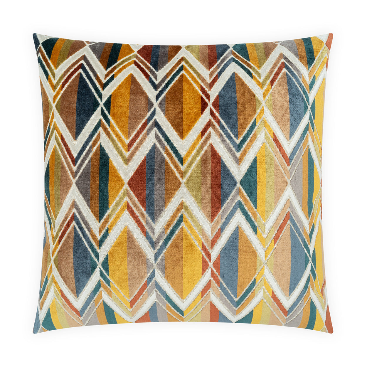 A square throw pillow featuring a colorful geometric chevron and diamond pattern in mustard yellow, orange, teal, blue, and cream on a white background.