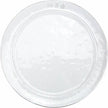 A white, round, ceramic dinner plate with subtle texture patterns.