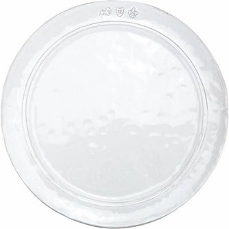 A white, round, ceramic dinner plate with subtle texture patterns.