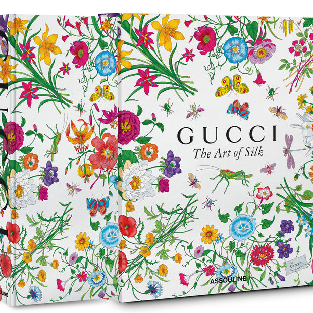 Gucci book titled 'The Art of Silk' with colorful floral design on a white background