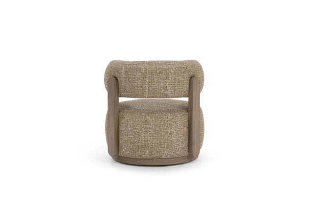 A modern barrel-style armchair with textured beige fabric upholstery and a curved medium-brown wooden frame, shown from the front on a solid white background.