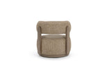 A modern barrel-style armchair with textured beige fabric upholstery and a curved medium-brown wooden frame, shown from the front on a solid white background.