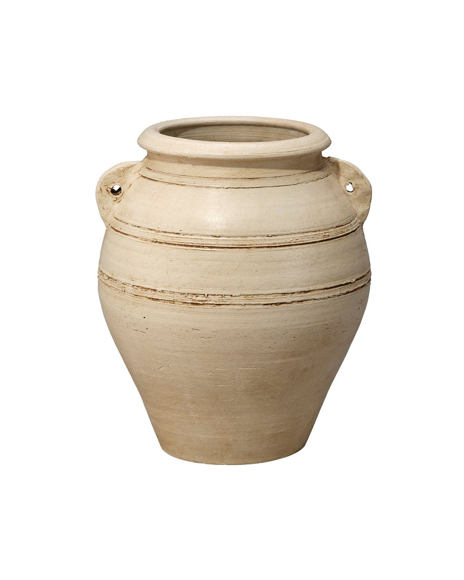 Beige ceramic pot with handles on a white background