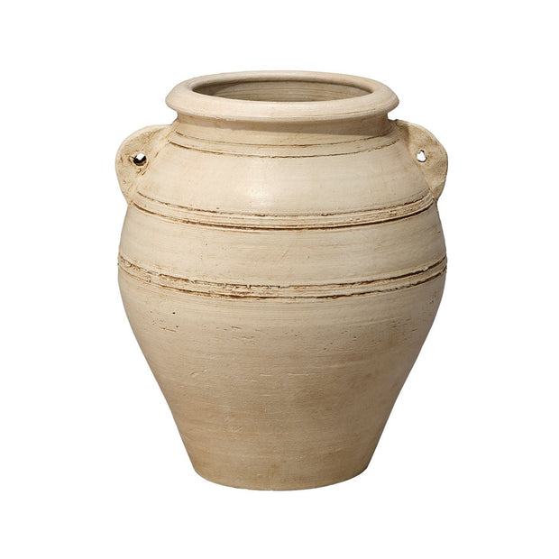 Beige ceramic pot with handles on a white background