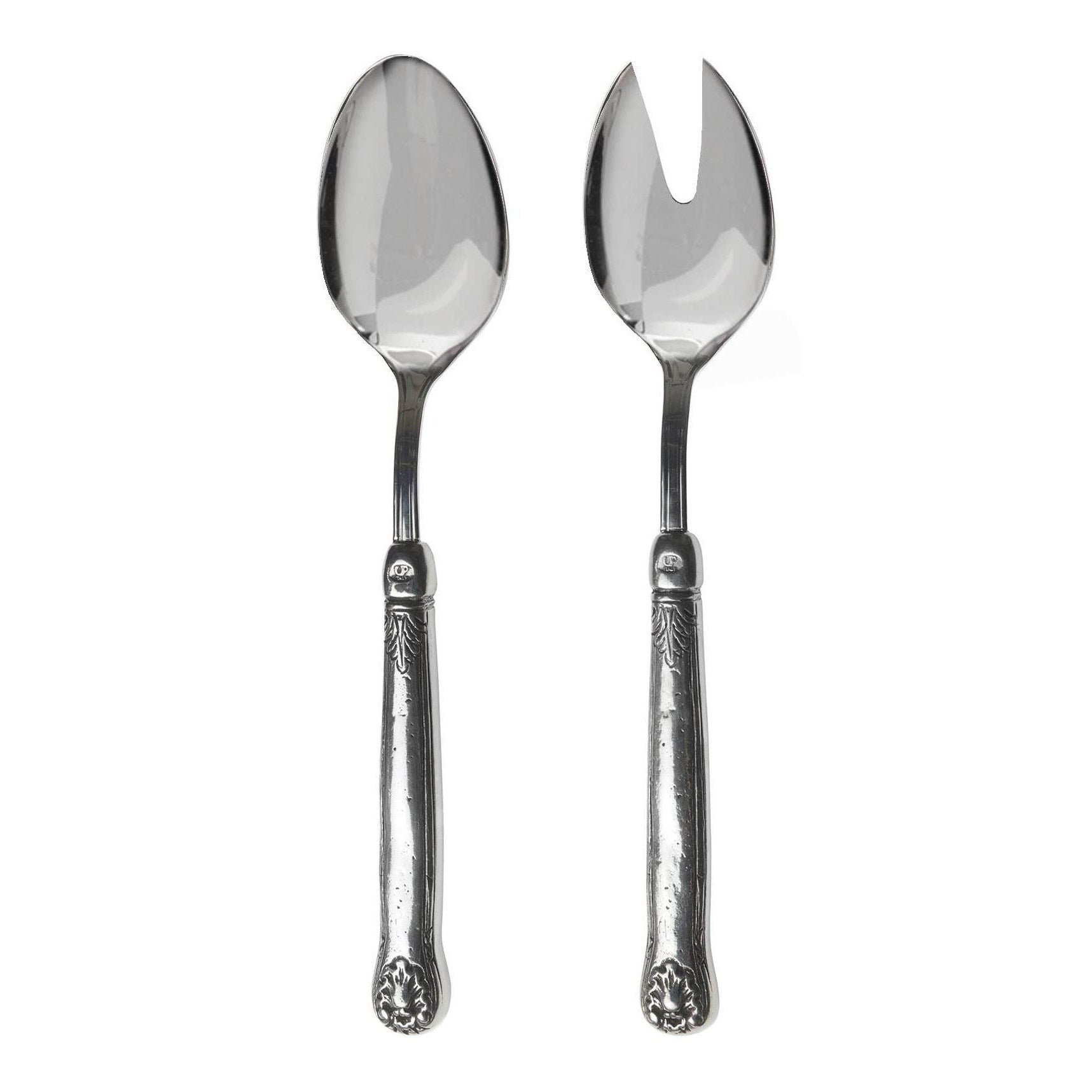 A pair of silver salad servers, with one fork and one spoon, featuring ornate handles.