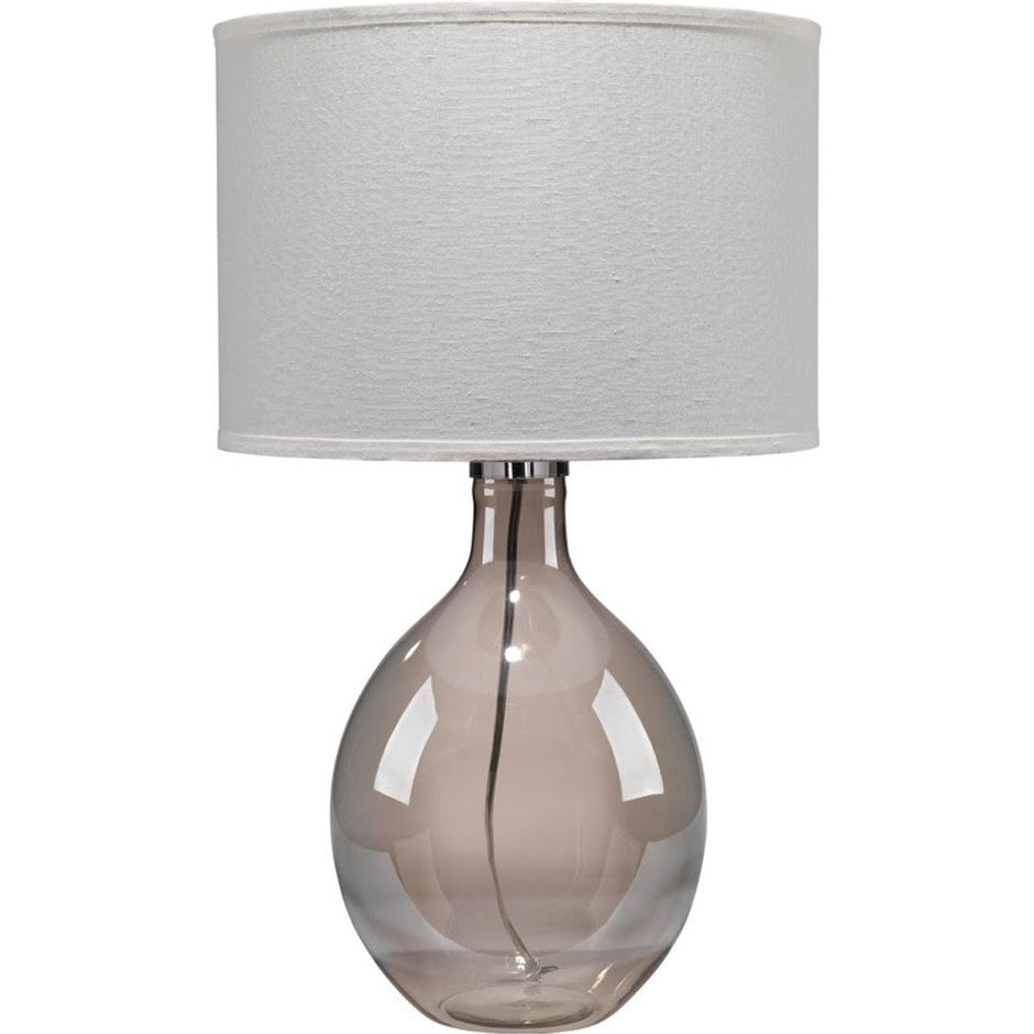 A gray glass table lamp with a sea salt linen shade, displaying a sleek and elegant design.