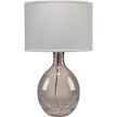 A gray glass table lamp with a sea salt linen shade, displaying a sleek and elegant design.