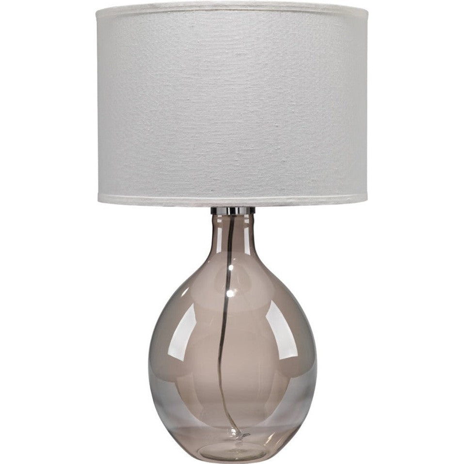 A gray glass table lamp with a sea salt linen shade, displaying a sleek and elegant design.