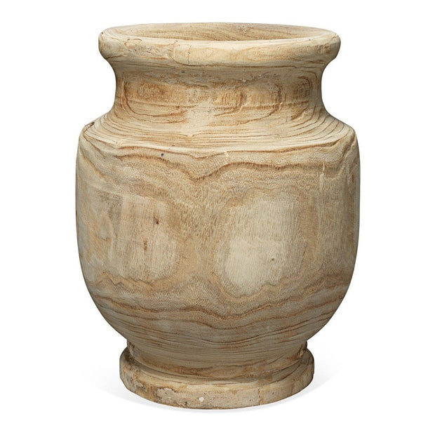 A natural brown wooden vase with a rough texture and prominent wood grain patterns.
