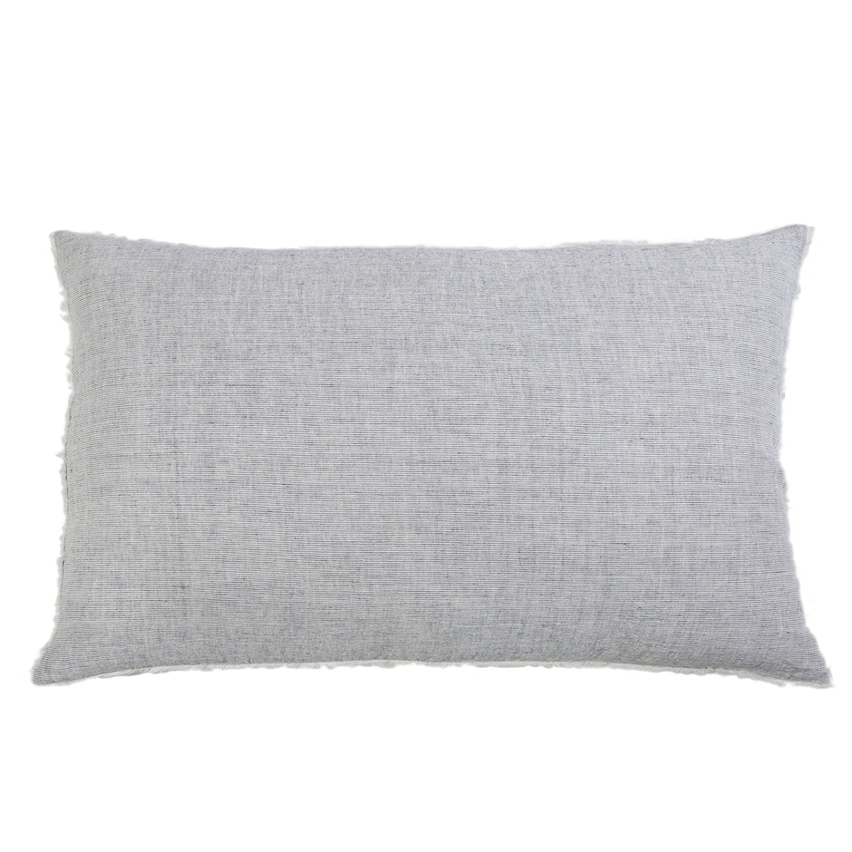 A navy and natural pinstriped linen sham with subtle frayed edges from the Logan Collection.