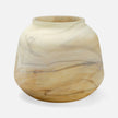 A beige and brown hand-blown glass vase with a marbled pattern.
