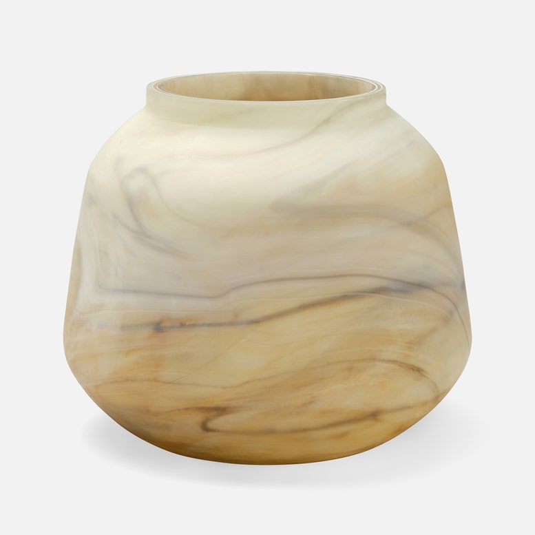 A beige and brown hand-blown glass vase with a marbled pattern.