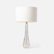 A table lamp with a clear, faceted glass base and a white linen shade.