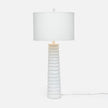 A white, column-shaped table lamp with a matte finish and a cylindrical lampshade.