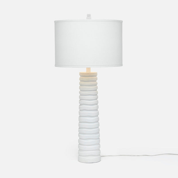 A white, column-shaped table lamp with a matte finish and a cylindrical lampshade.
