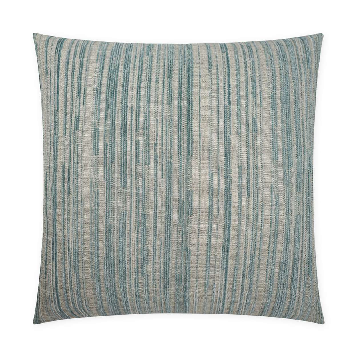 A square-shaped throw pillow with a striped pattern in varying shades of blue and white, featuring a hidden zipper closure.