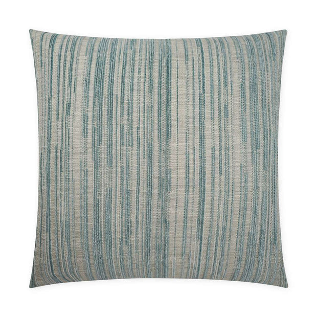 A square-shaped throw pillow with a striped pattern in varying shades of blue and white, featuring a hidden zipper closure.