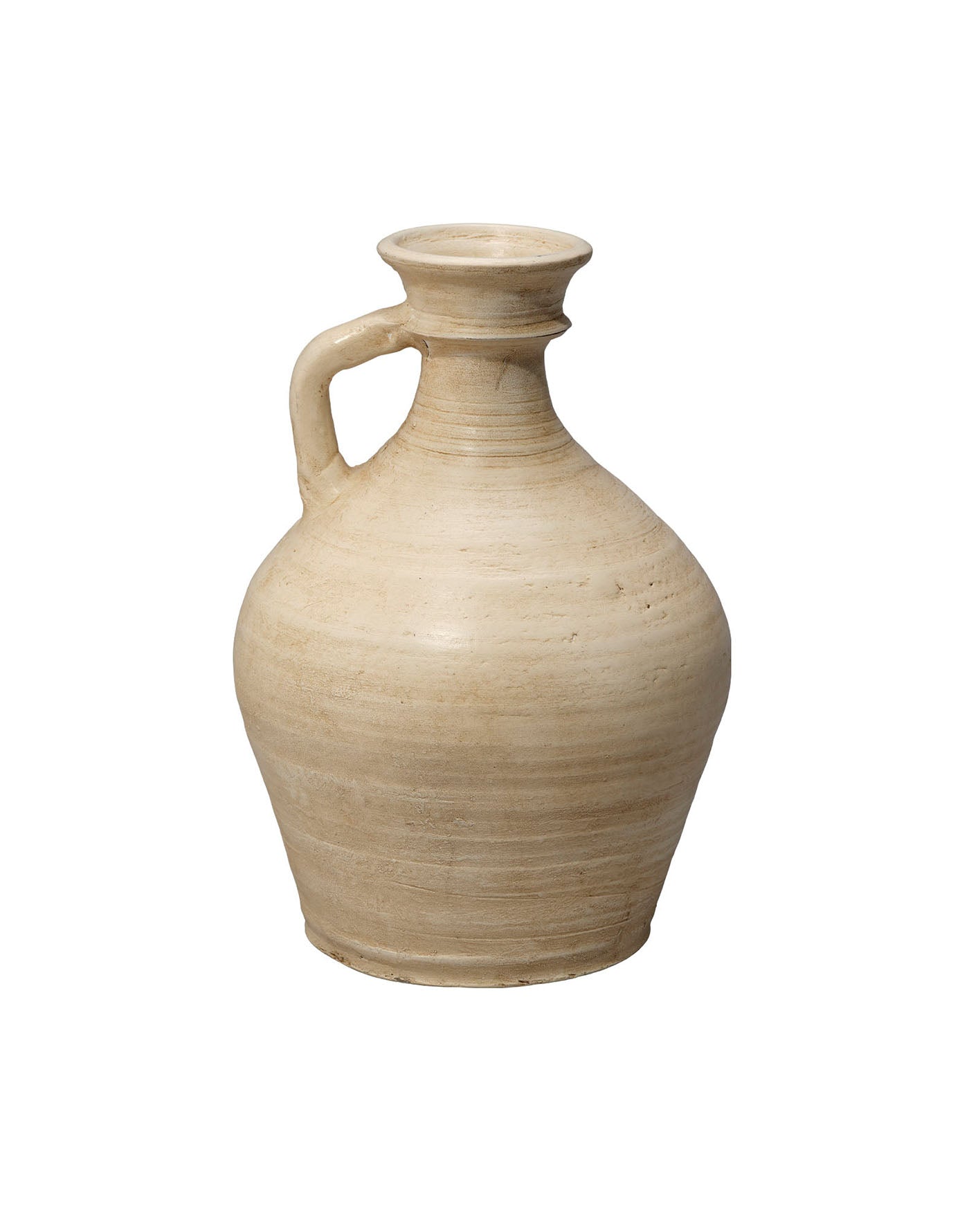 Beige ceramic vase with a handle on a white background