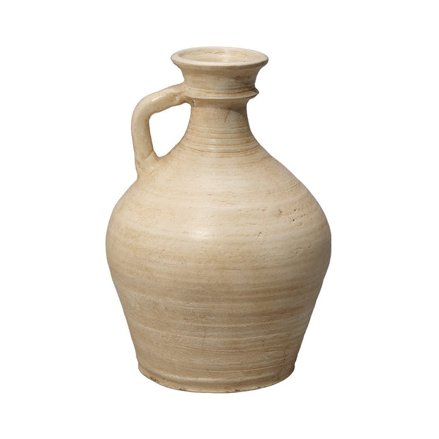 Beige ceramic vase with a handle on a white background