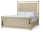 A light natural wood bed frame with woven rattan panels on the headboard and footboard, styled with white bedding and pillows against a plain white background.