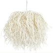A chandelier with a cylindrical wooden bead silhouette over a metal frame, in a natural white color.