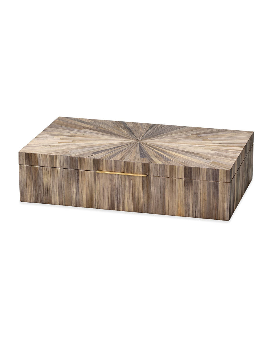 A rectangular wooden storage box with a hinged lid, featuring a geometric inlay pattern on the top and a slim horizontal gold metal handle on the front, shown against a plain white background.