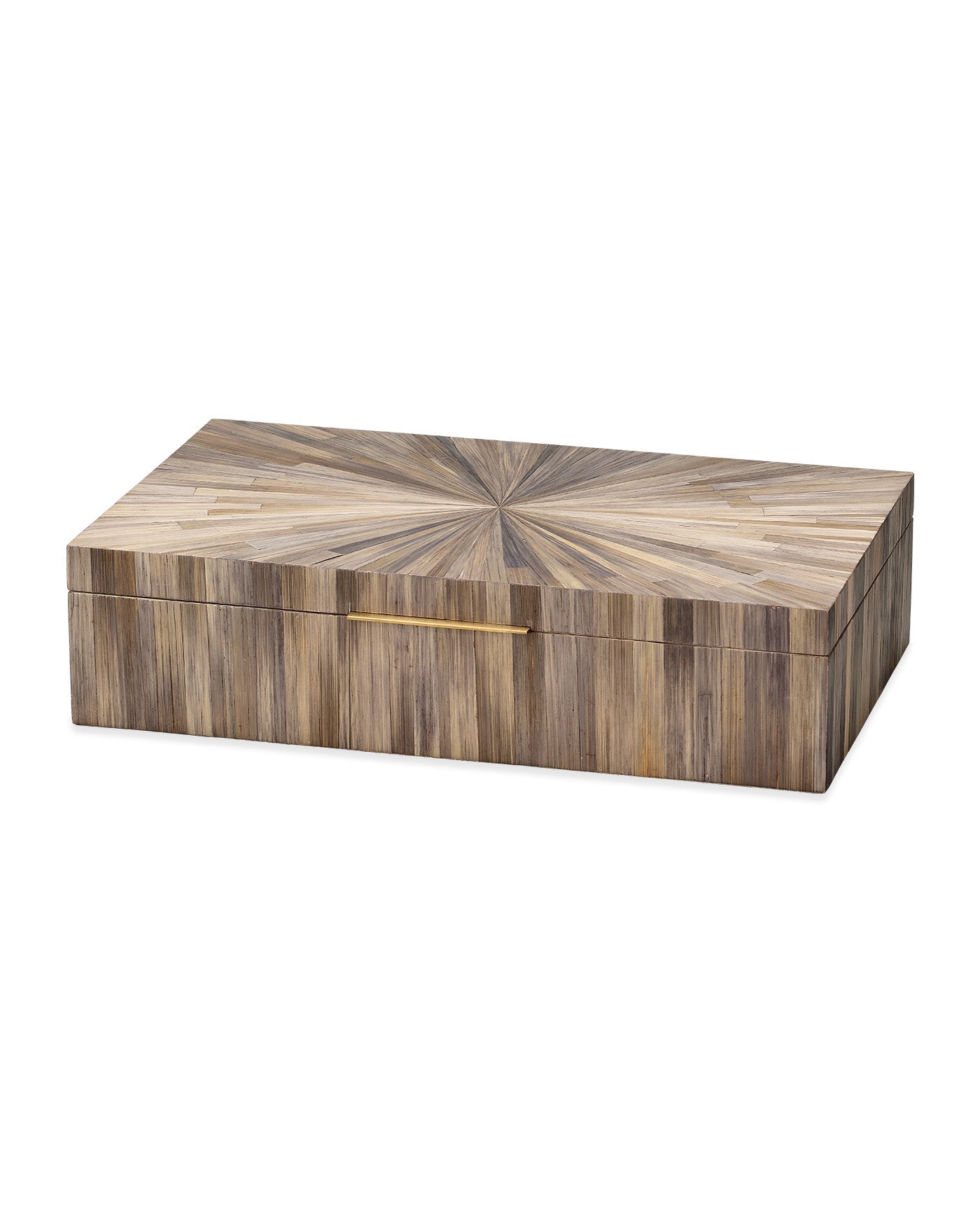 A rectangular wooden storage box with a hinged lid, featuring a geometric inlay pattern on the top and a slim horizontal gold metal handle on the front, shown against a plain white background.