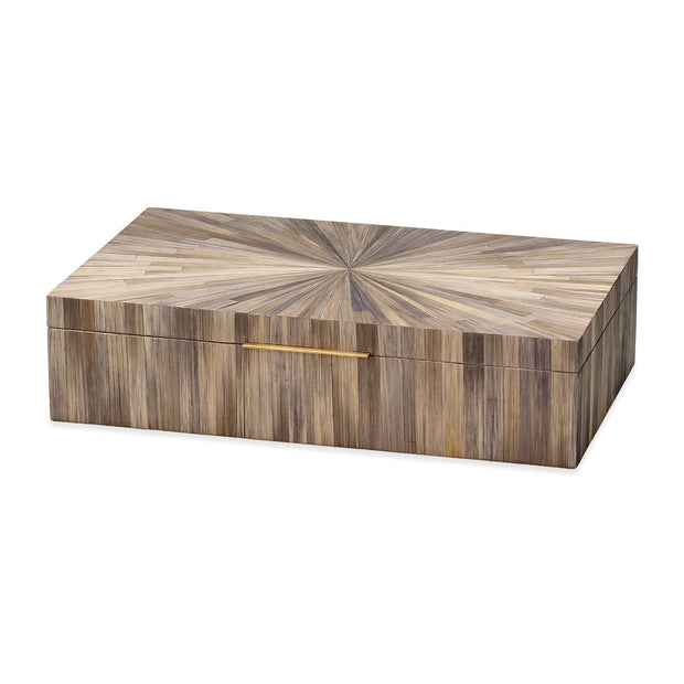 A rectangular wooden storage box with a hinged lid, featuring a geometric inlay pattern on the top and a slim horizontal gold metal handle on the front, shown against a plain white background.