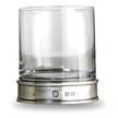 A clear round glass lowball glass with a pewter base, featuring the Arte Italica logo, hand made in Italy.
