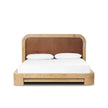 Wooden bed with a brown headboard and white bedding on a white background