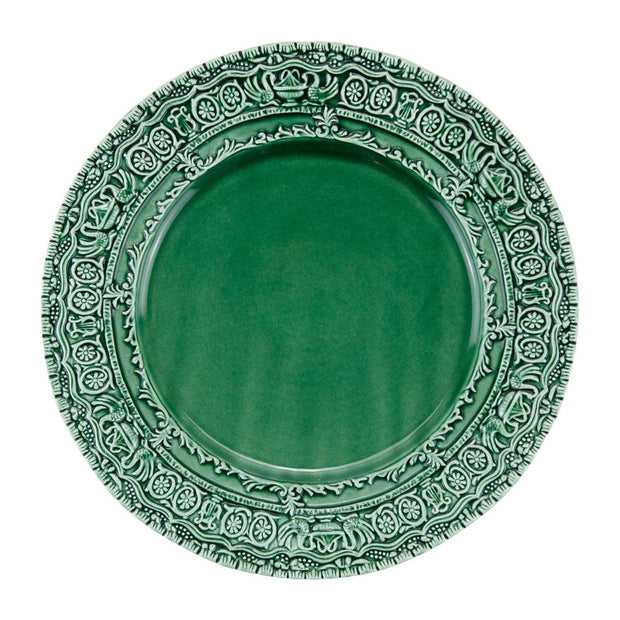 A round ceramic Renaissance Italian green salad plate with ornate patterns and intricate details.
