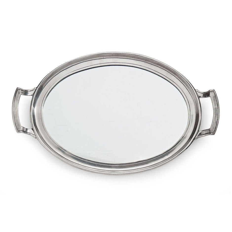 Oval pewter mirror tray with handles, predominantly silver in color.