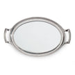 Oval pewter mirror tray with handles, predominantly silver in color.