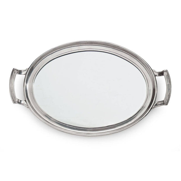 Oval pewter mirror tray with handles, predominantly silver in color.