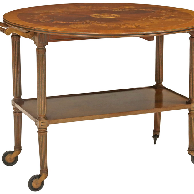 Vintage French Floral Marquetry Drop-Leaf Bar Cart