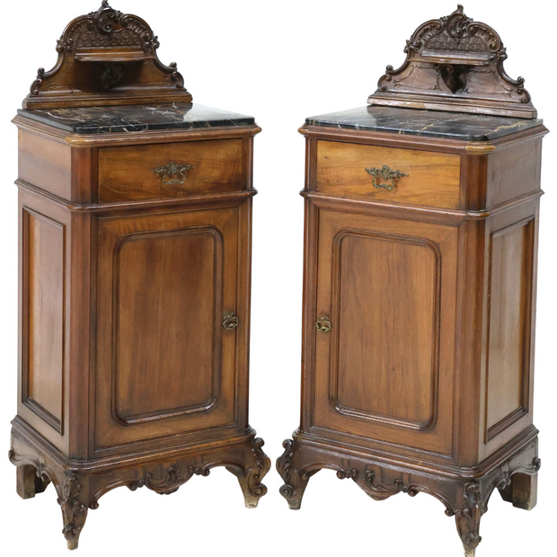 Vintage Louis XV Style Marble Top Mahogony Nightstands, Pair