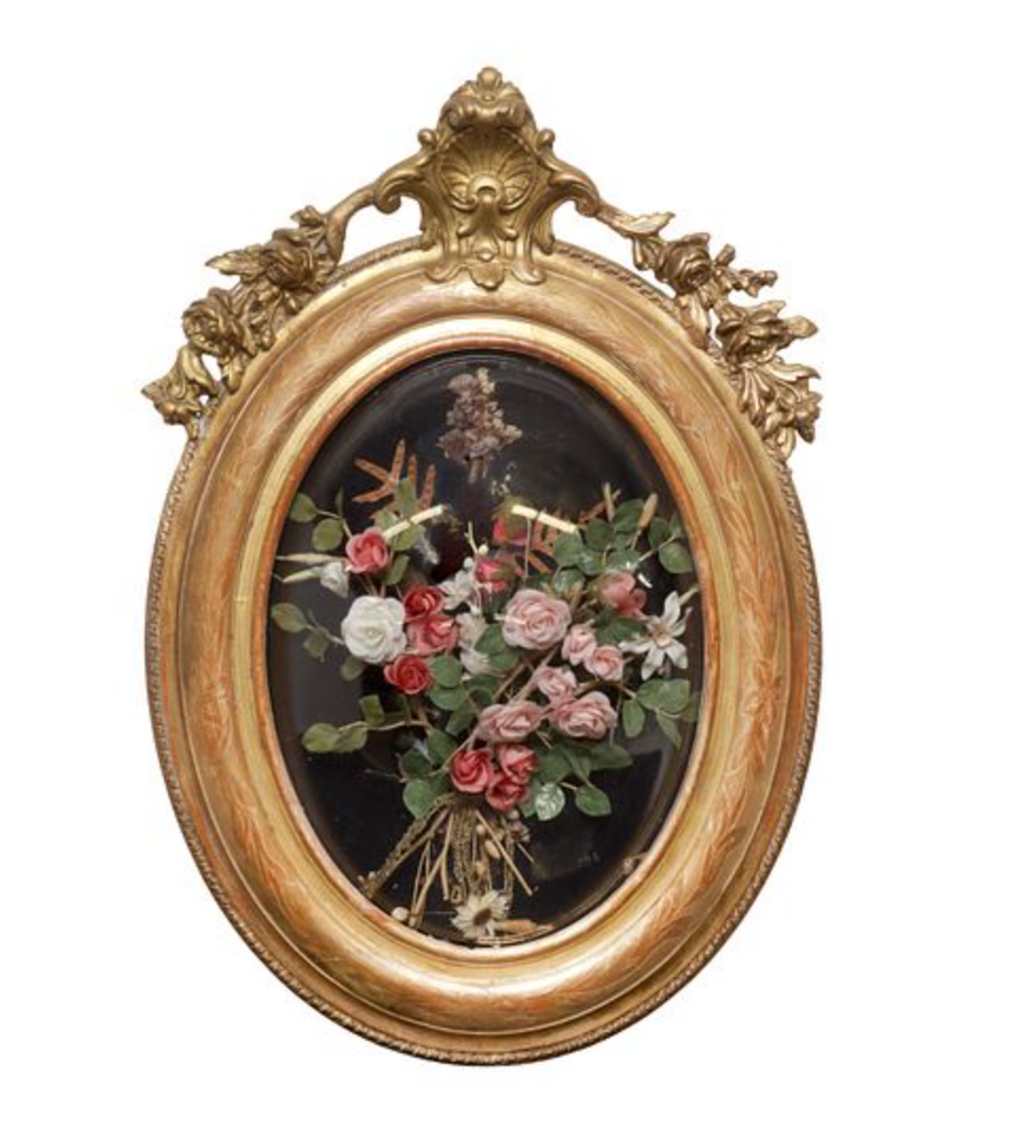 Vintage French Silk Flower Bouquet in Giltwood Frame