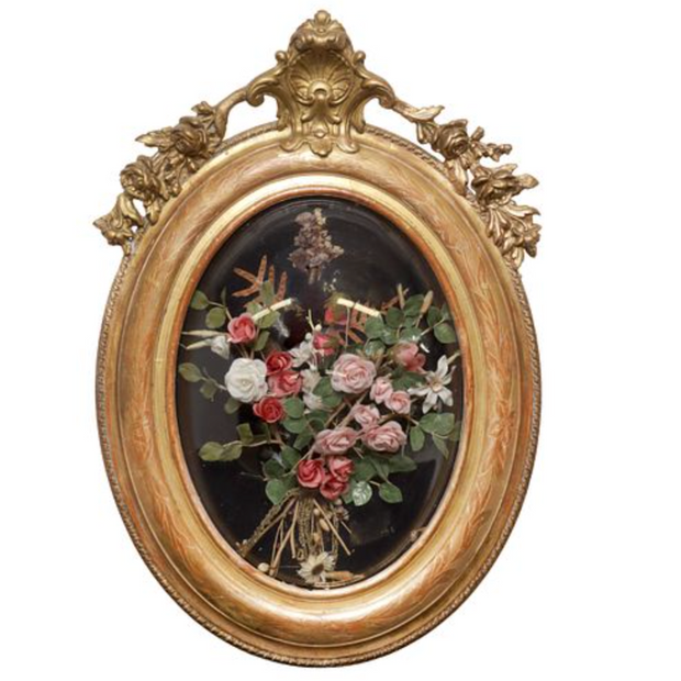 Vintage French Silk Flower Bouquet in Giltwood Frame - Maaribu