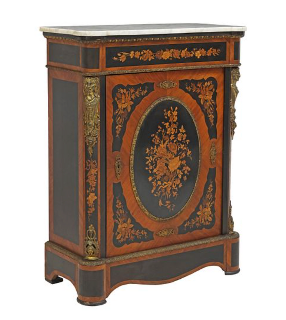 Vintage French Marble Top Marquetry Cabinet