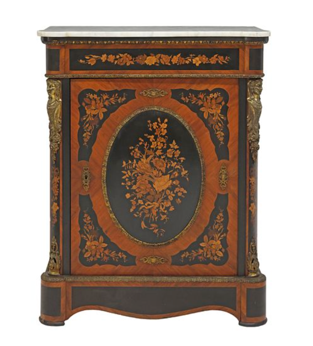 Vintage French Marble Top Marquetry Cabinet