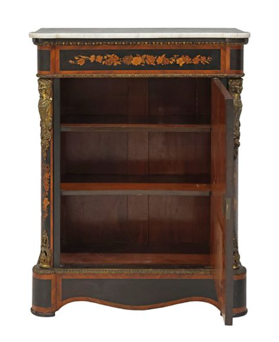 Vintage French Marble Top Marquetry Cabinet