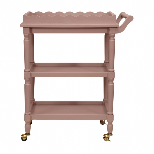 Pink Lacquered Wood 3-Tier Bar Cart on Casters w/ Removable Tray - Maaribu